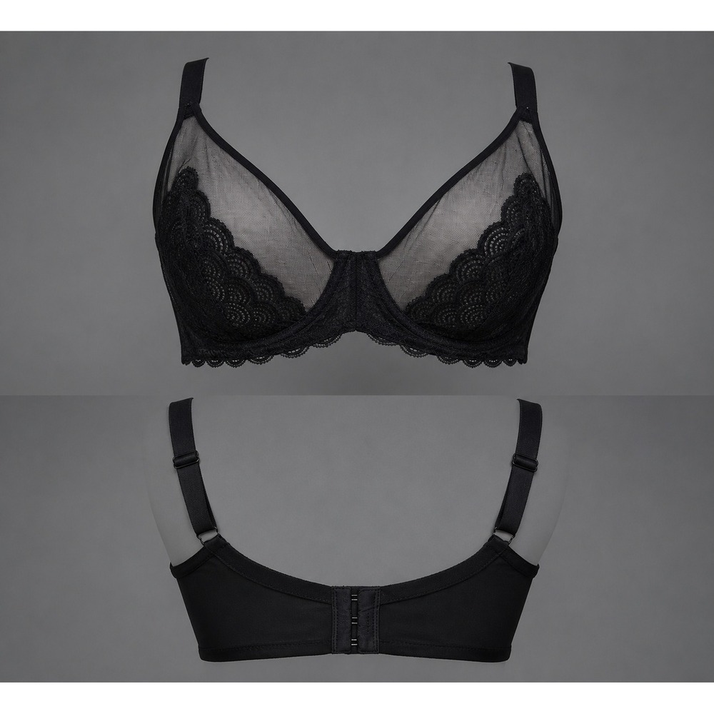HSIA Bra 38G Black Lace Underwire Sheer Mesh Full Coverage Scalloped #1219
